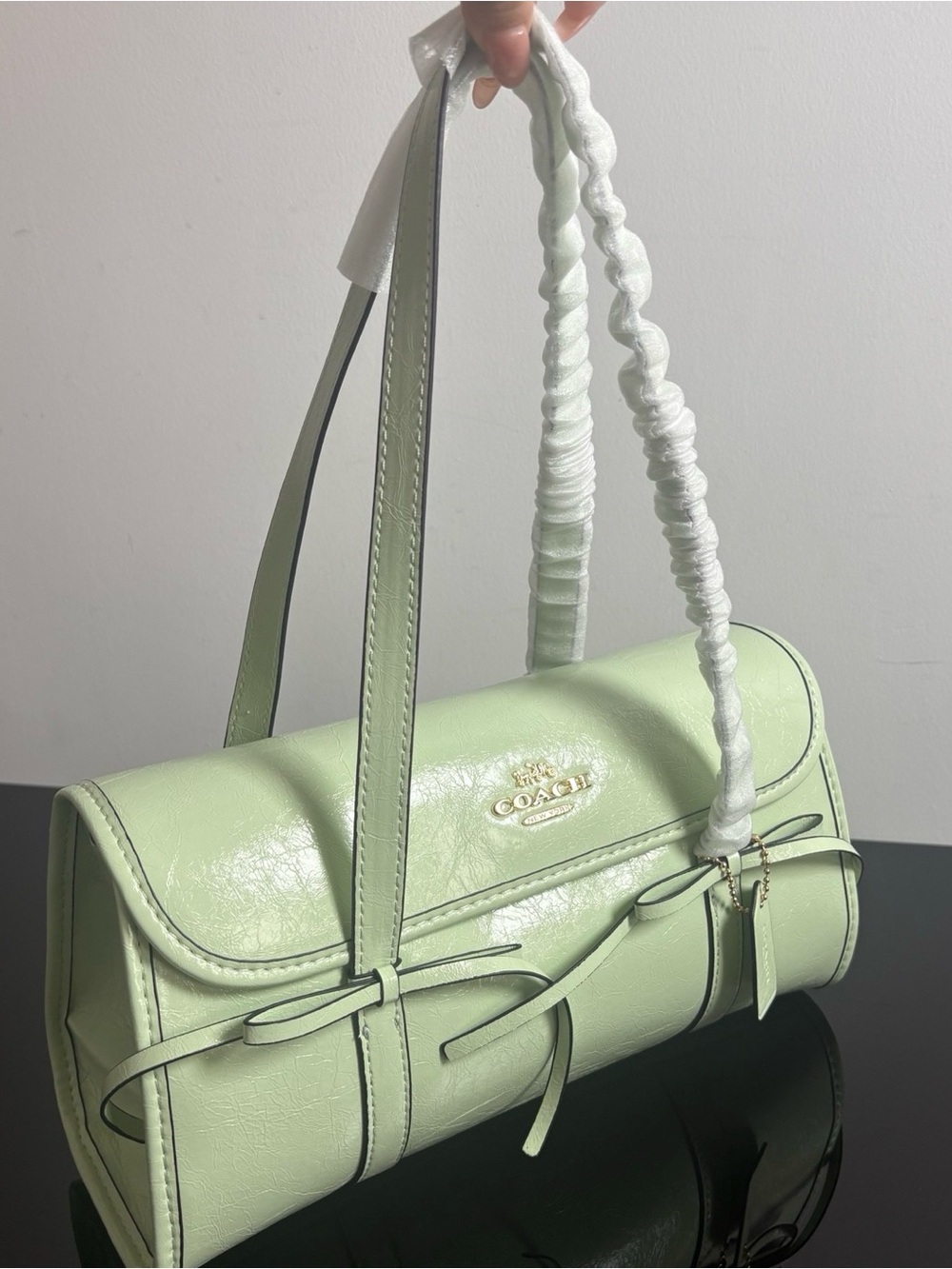 Coach Pale Mint Green Leather Shoulder Bag with Bow Straps - Picture 6 of 8